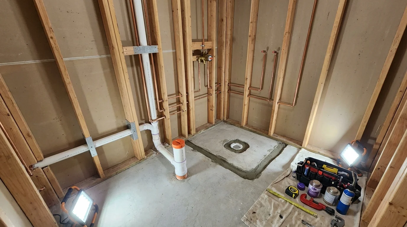 Bathroom rough-in plumbing during remodel by Johns Plumbing LLC in Aumsville