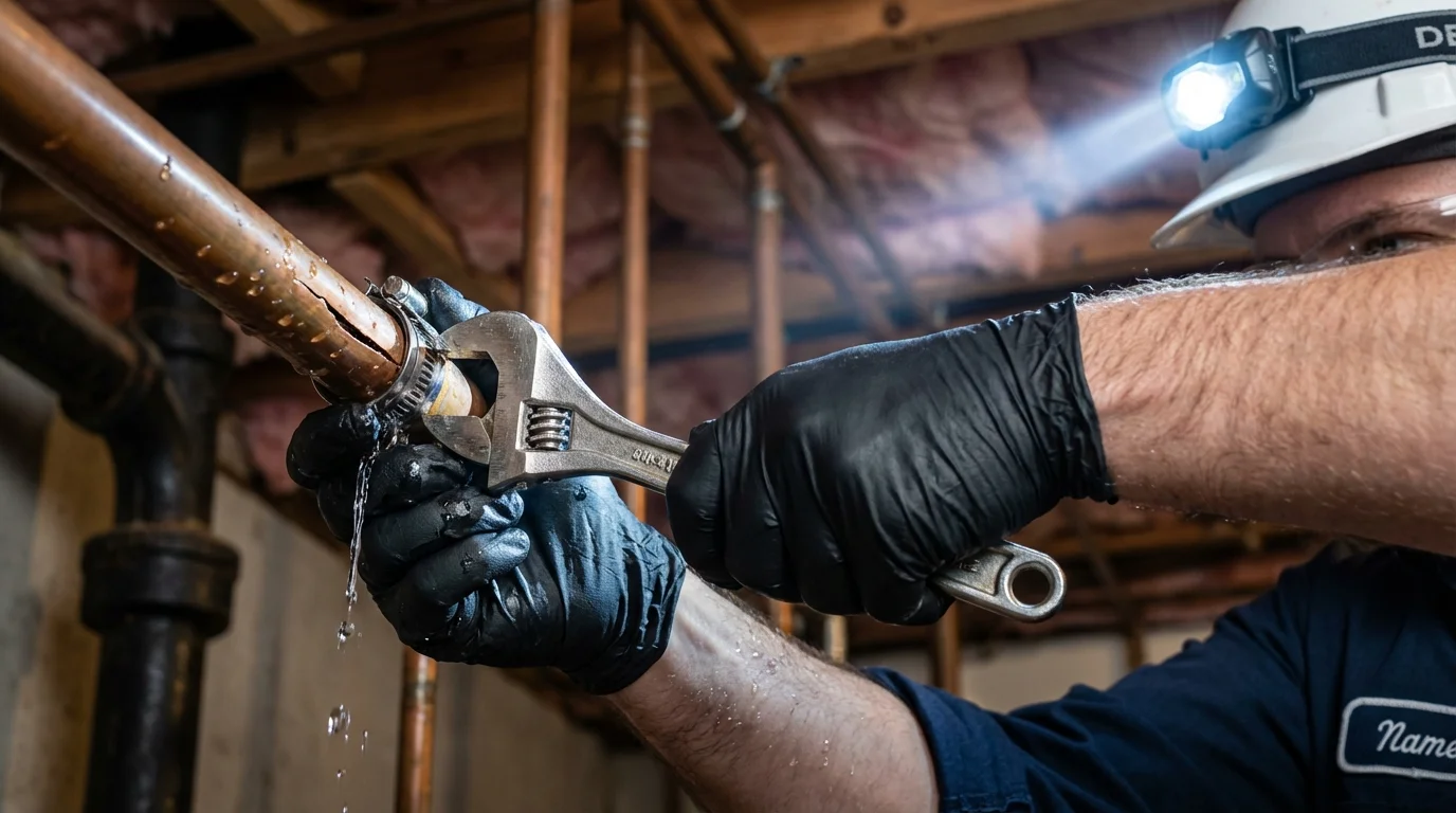Emergency pipe clamp repair being performed by a Johns Plumbing LLC plumber in Aumsville