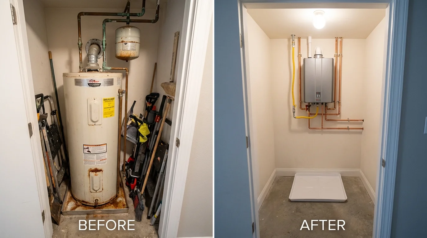 Tank water heater versus wall-mounted tankless unit comparison for Aumsville, OR homeowners