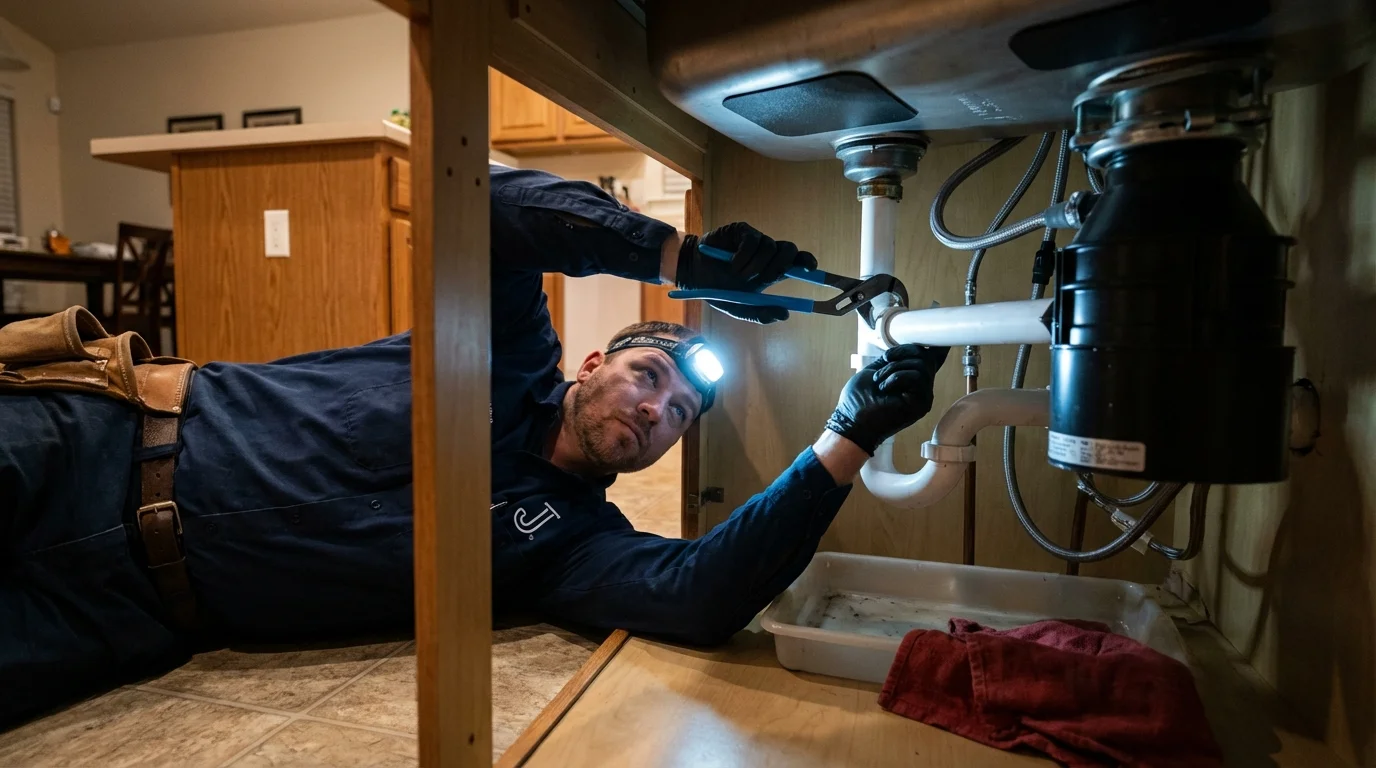 P-trap and supply line connections under a kitchen sink showing a common leak point in Aumsville, OR